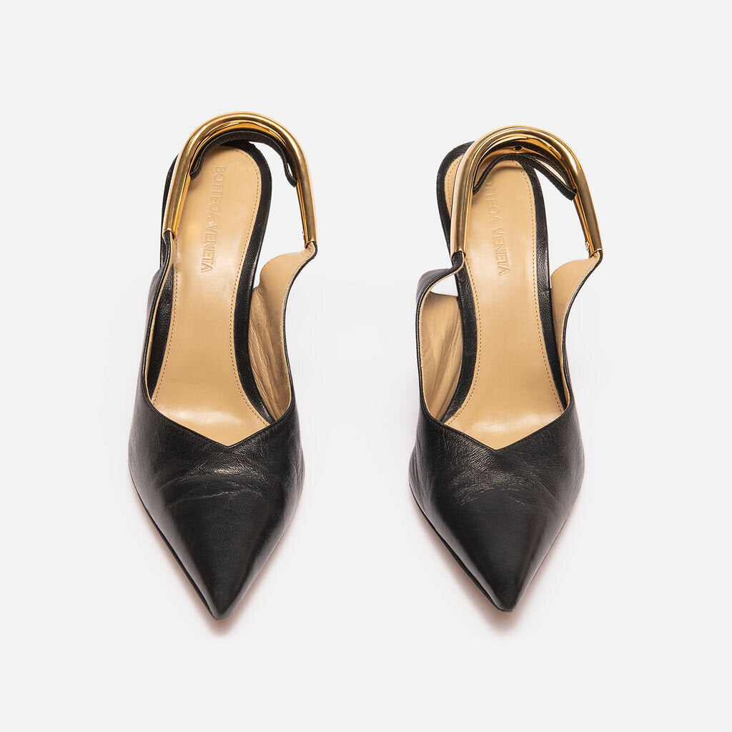 Bottega Veneta Black Leather Gold Slingbacks Shoes