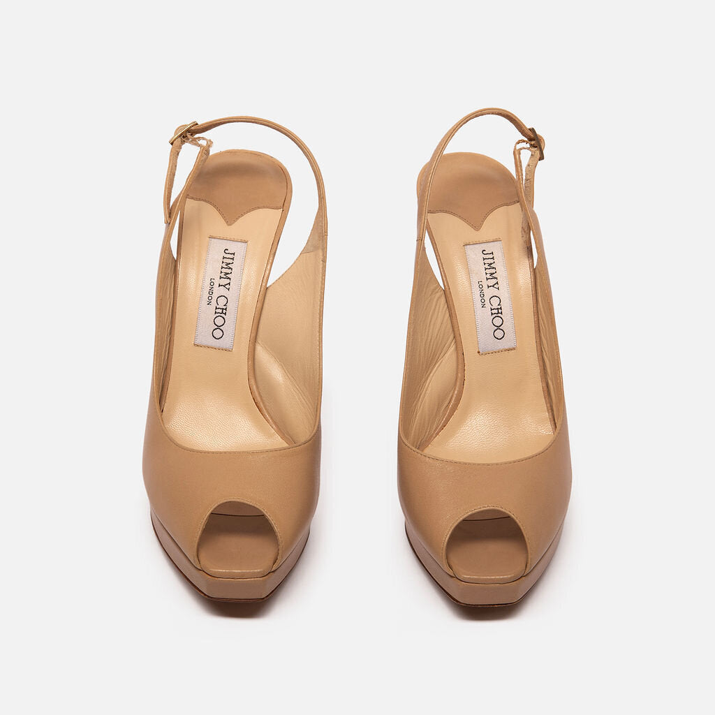 Jimmy Choo Beige Leather Peep-Toe Slingback Pumps