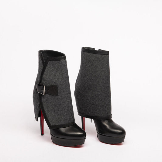 Christian Louboutin Black Leather Wool-Overlay Heeled Boots