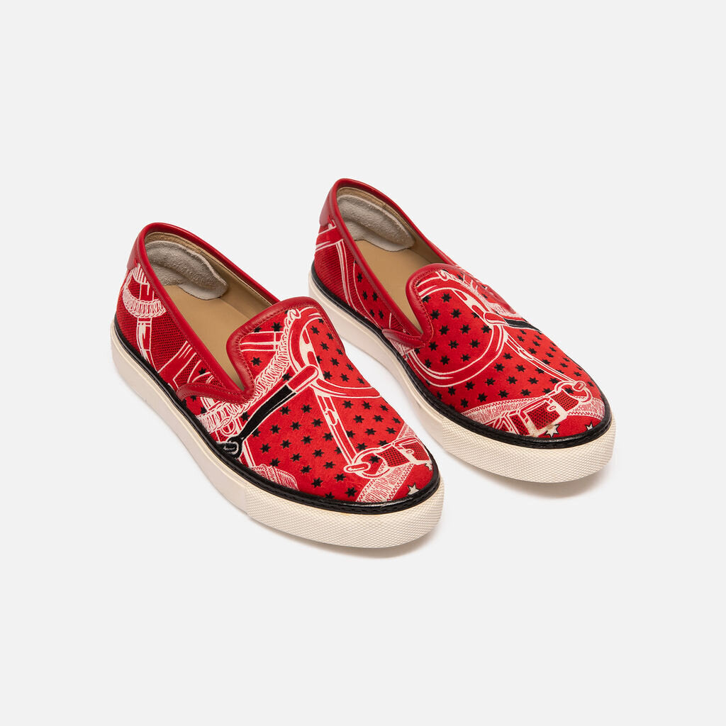 Hermes Red & White Printed Velvet Sneakers