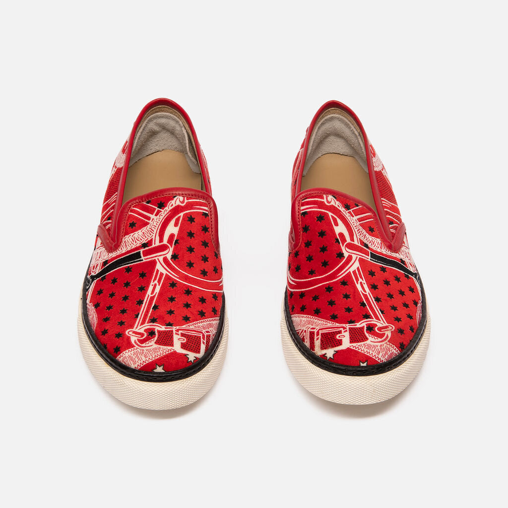 Hermes Red & White Printed Velvet Sneakers