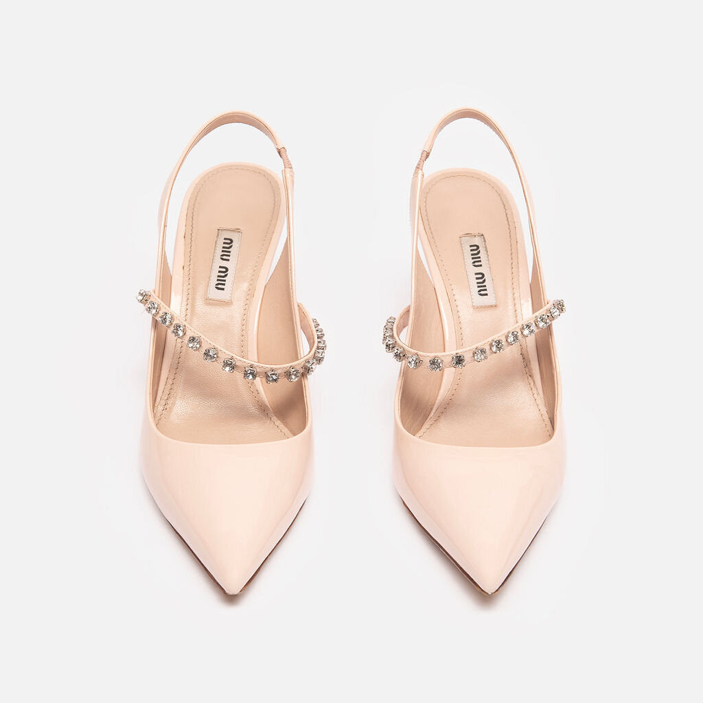 Miu Miu Pink Patent Leather Crystal Strap Slingbacks Shoes